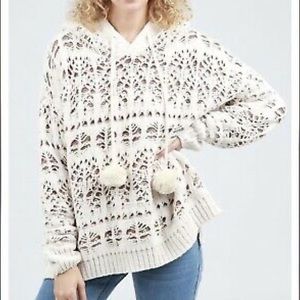 POL Almond White Soft Knit Pom Pom Drawstring Sweater Hoodie